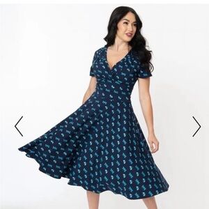 Unique Vintage Navy Midi Dress with Teal Dragonfly Print